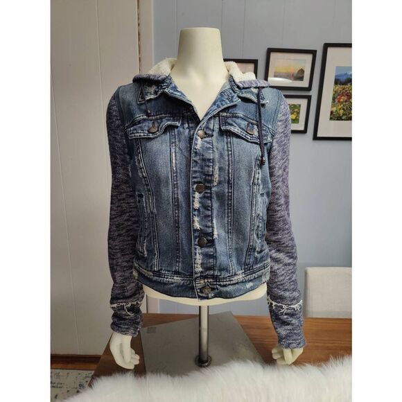Free People Intentionally Distressed Denim Jacket with Hood - Picture 1 of 6